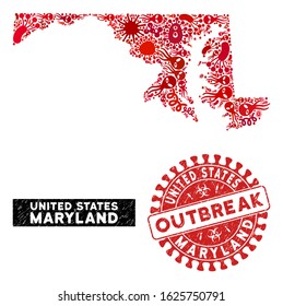Outbreak collage Maryland State map and red grunge stamp seal with OUTBREAK caption. Maryland State map collage composed with randomized bacterium symbols.