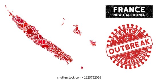 Outbreak collage New Caledonia Islands map and red distressed stamp watermark with OUTBREAK badge. New Caledonia Islands map collage designed with randomized pathogen symbols.