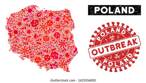 Outbreak collage Poland map and red distressed stamp seal with OUTBREAK phrase. Poland map collage composed with random amoeba icons. Red rounded OUTBREAK seal stamp with dirty texture.