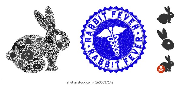 Outbreak collage rabbit icon and rounded distressed stamp seal with Rabbit Fever phrase and medicine icon. Mosaic vector is composed with rabbit icon and with randomized bacterium items.