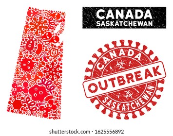 Outbreak collage Saskatchewan Province map and red grunge stamp seal with OUTBREAK message. Saskatchewan Province map collage composed with random bacillus icons.