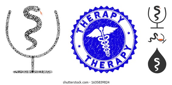 Outbreak collage snake poison icon and rounded rubber stamp seal with Therapy caption and medic icon. Mosaic vector is formed with snake poison icon and with random infectious objects.