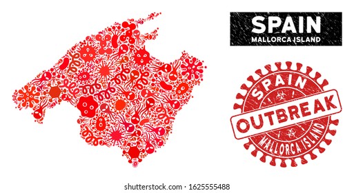 Outbreak collage Spain Mallorca Island map and red corroded stamp seal with OUTBREAK text. Spain Mallorca Island map collage designed with random pathogen icons.