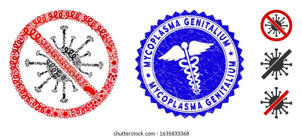 Outbreak collage stop coronavirus icon and rounded distressed stamp seal with Mycoplasma Genitalium phrase and health care icon.