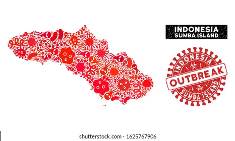Outbreak collage Sumba Island map and red corroded stamp seal with OUTBREAK words. Sumba Island map collage constructed with scattered pathogen symbols.
