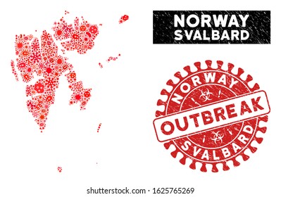 Outbreak collage Svalbard Island map and red distressed stamp watermark with OUTBREAK words. Svalbard Island map collage formed with random infectious icons.