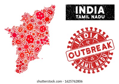 Outbreak collage Tamil Nadu State map and red grunge stamp seal with OUTBREAK caption. Tamil Nadu State map collage designed with scattered infectious symbols.
