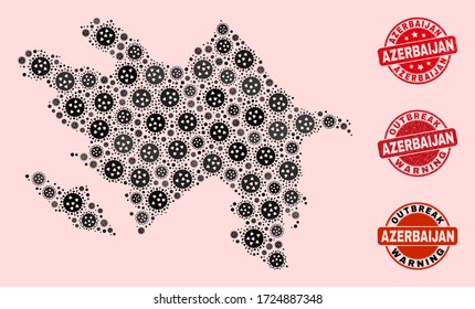 Outbreak collage of virus mosaic Azerbaijan map and rubber stamps. Vector red watermarks with unclean rubber texture and Outbreak Warning caption. Mosaic Azerbaijan map designed with flu virus,
