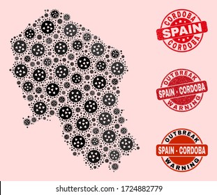 Outbreak collage of virus mosaic Cordoba Spanish Province map and rubber stamps. Vector red seals with unclean rubber texture and Outbreak Warning caption.
