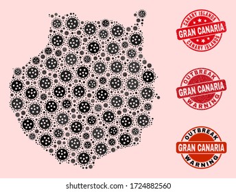 Outbreak collage of virus mosaic Gran Canaria map and scratched seal stamps. Vector red seals with unclean rubber texture and Outbreak Warning caption.
