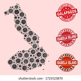 Outbreak collage of virus mosaic Isabela Island of Galapagos map and rubber stamps. Vector red seals with distress rubber texture and Outbreak Warning caption.