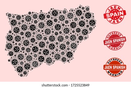 Outbreak collage of virus mosaic Jaen Spanish Province map and scratched seals. Vector red seals with grunge rubber texture and Outbreak Warning caption.