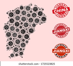 Outbreak collage of virus mosaic Jiangxi Province map and unclean seals. Vector red seals with unclean rubber texture and Outbreak Warning caption.