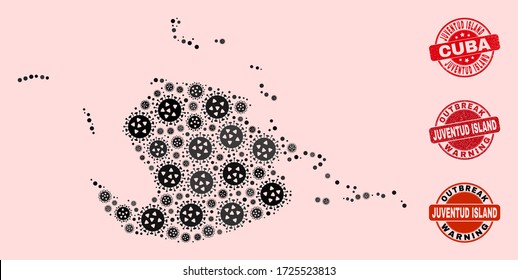 Outbreak collage of virus mosaic Juventud Island map and rubber seal stamps. Vector red seals with scratched rubber texture and Outbreak Warning caption.