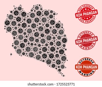 Outbreak collage of virus mosaic Koh Phangan map and rubber stamps. Vector red watermarks with unclean rubber texture and Outbreak Warning caption.