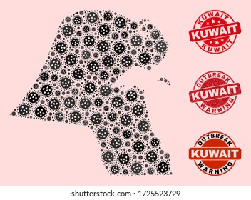 Outbreak collage of virus mosaic Kuwait map and scratched stamps. Vector red imprints with scratched rubber texture and Outbreak Warning caption. Mosaic Kuwait map designed with flu virus,