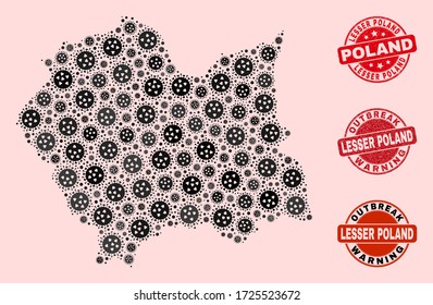 Outbreak collage of virus mosaic Lesser Poland Voivodeship map and unclean seals. Vector red seals with unclean rubber texture and Outbreak Warning caption.