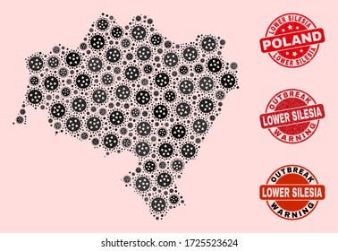 Outbreak collage of virus mosaic Lower Silesian Voivodeship map and rubber seals. Vector red seals with scratched rubber texture and Outbreak Warning caption.