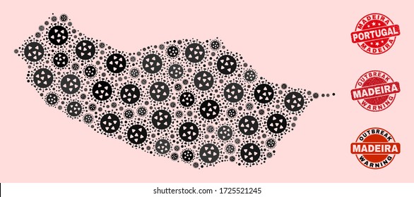 Outbreak collage of virus mosaic Madeira map and dirty seals. Vector red seals with scratched rubber texture and Outbreak Warning caption. Mosaic Madeira map constructed with pneumonia virus,