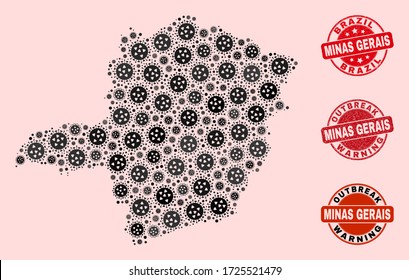 Outbreak collage of virus mosaic Minas Gerais State map and textured seals. Vector red seals with grunge rubber texture and Outbreak Warning caption.