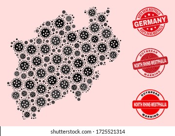 Outbreak collage of virus mosaic North Rhine-Westphalia Land map and textured seals. Vector red imprints with scratched rubber texture and Outbreak Warning caption.