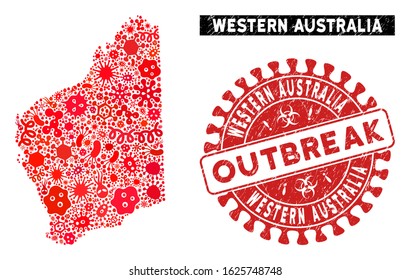 Outbreak collage Western Australia map and red grunge stamp watermark with OUTBREAK badge. Western Australia map collage composed with random pandemic items.