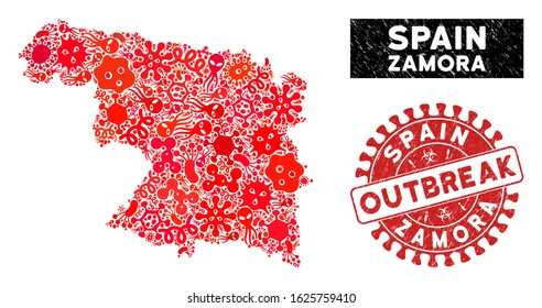 Outbreak collage Zamora Province map and red rubber stamp seal with OUTBREAK text. Zamora Province map collage formed with randomized infection elements.