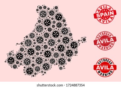 Outbreak combination of covid-2019 mosaic Avila Province map and corroded seals. Vector red imprints with corroded rubber texture and Outbreak Warning caption.