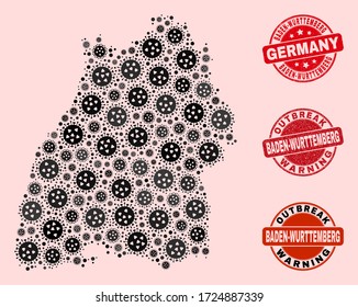 Outbreak combination of covid-2019 mosaic Baden-Wurttemberg Land map and grunge seals. Vector red imprints with grunge rubber texture and Outbreak Warning caption.