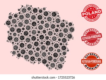 Outbreak combination of covid-2019 mosaic Kuyavian-Pomeranian Voivodeship map and dirty seals. Vector red seals with distress rubber texture and Outbreak Warning caption.