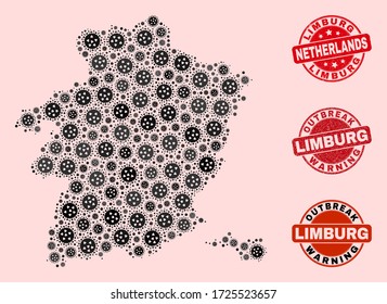 Outbreak combination of covid-2019 mosaic Limburg Province map and dirty stamps. Vector red watermarks with grunge rubber texture and Outbreak Warning caption.