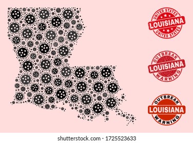 Outbreak combination of covid-2019 mosaic Louisiana State map and unclean seal stamps. Vector red seals with unclean rubber texture and Outbreak Warning caption.