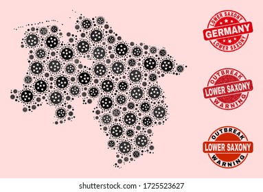 Combinación de brotes de mosaico covid-2019 Mapa de tierras de Baja Sajonia y sellos sucios. Sellos rojos vectoriales con textura de caucho impura y pie de advertencia de brotes.