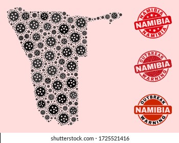 Outbreak combination of covid-2019 mosaic Namibia map and corroded stamps. Vector red seals with distress rubber texture and Outbreak Warning caption.