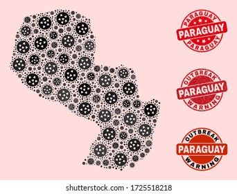 Outbreak combination of covid-2019 mosaic Paraguay map and rubber stamps. Vector red imprints with unclean rubber texture and Outbreak Warning caption.