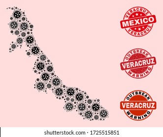 Outbreak combination of covid-2019 mosaic Veracruz State map and dirty seal stamps. Vector red seals with unclean rubber texture and Outbreak Warning caption.