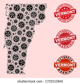 Outbreak combination of covid-2019 mosaic Vermont State map and scratched seals. Vector red seals with corroded rubber texture and Outbreak Warning caption.