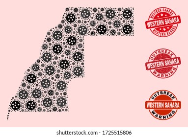 Outbreak combination of covid-2019 mosaic Western Sahara map and rubber stamps. Vector red watermarks with distress rubber texture and Outbreak Warning caption.