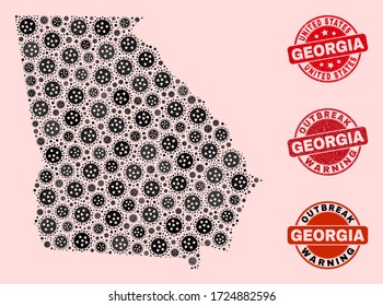 Brote combinado de mosaico viral de gripe, mapa del estado de Georgia y focas texturadas. Sellos rojos vectoriales con textura de goma gruesa y pie de advertencia de brotes.