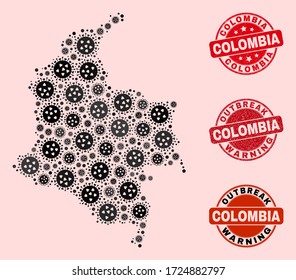 Outbreak combination of flu viral mosaic Colombia map and textured stamps. Vector red imprints with scratched rubber texture and Outbreak Warning caption. Mosaic Colombia map designed with SARS virus,