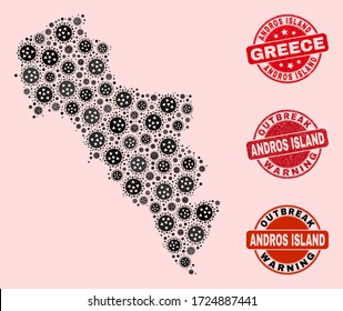 Outbreak combination of flu viral mosaic Andros Island of Greece map and dirty seal stamps. Vector red seals with corroded rubber texture and Outbreak Warning caption.