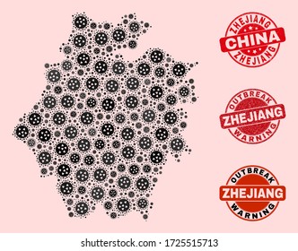 Kombination aus Grippe-Virusmosaik Zhejiang Provinz Karte und unklar Robbenstempel. Vector rote Dichtungen mit unreiner Gummistruktur und Ausbruchwarnung.