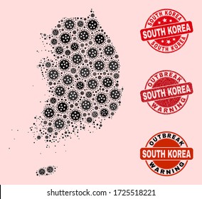 Outbreak combination of flu viral mosaic South Korea map and unclean seal stamps. Vector red imprints with unclean rubber texture and Outbreak Warning caption.