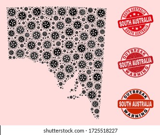 Brote combinado del mosaico viral de la gripe en el sur de Australia y sellos de goma. Sellos rojos vectoriales con textura de caucho impura y pie de advertencia de brotes.
