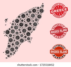 Outbreak combination of flu viral mosaic Rhodes Island map and grunge seals. Vector red watermarks with grunge rubber texture and Outbreak Warning caption.