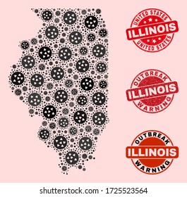 Outbreak combination of flu viral mosaic Illinois State map and textured seals. Vector red seals with distress rubber texture and Outbreak Warning caption.