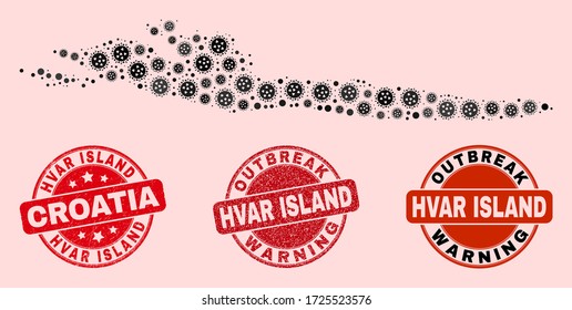 Outbreak combination of flu viral mosaic Hvar Island map and dirty seals. Vector red watermarks with unclean rubber texture and Outbreak Warning caption.