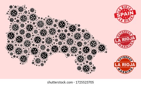 Outbreak combination of flu viral mosaic La Rioja of Spain map and rubber seal stamps. Vector red watermarks with scratched rubber texture and Outbreak Warning caption.