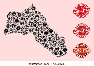 Outbreak combination of flu viral mosaic Kurdistan map and corroded seals. Vector red imprints with corroded rubber texture and Outbreak Warning caption.