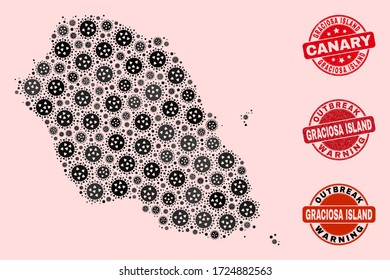 Outbreak combination of infection mosaic Graciosa Island map and unclean stamps. Vector red imprints with unclean rubber texture and Outbreak Warning caption.